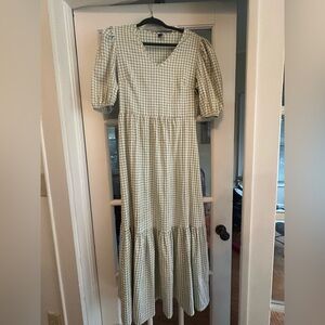 SHEIN Green Checkered Puff Sleeve Maxi Dress